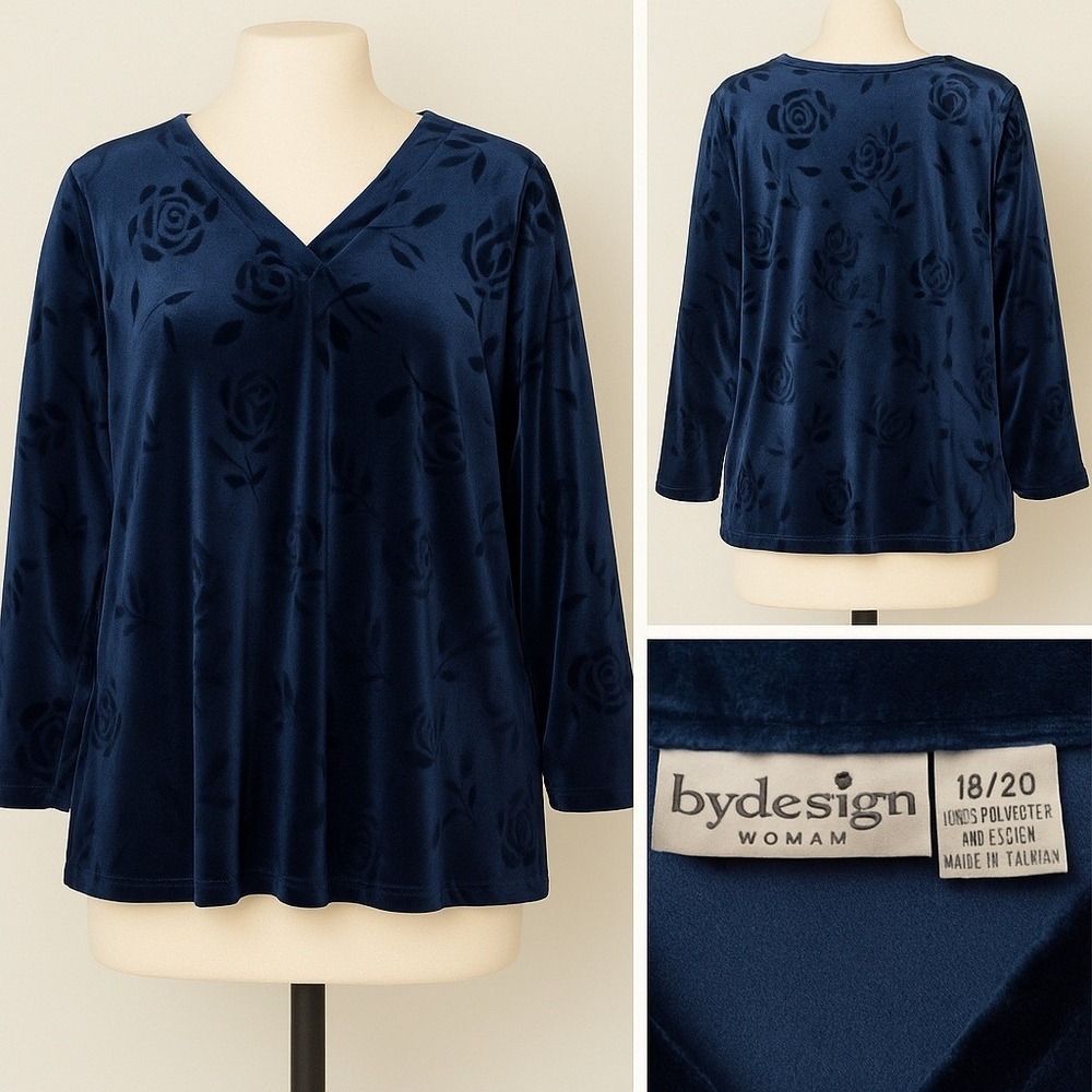By Design Top Women‎ 18/20 Blue Burnout Velvet Dressy Elegant Y2K Dark Academia